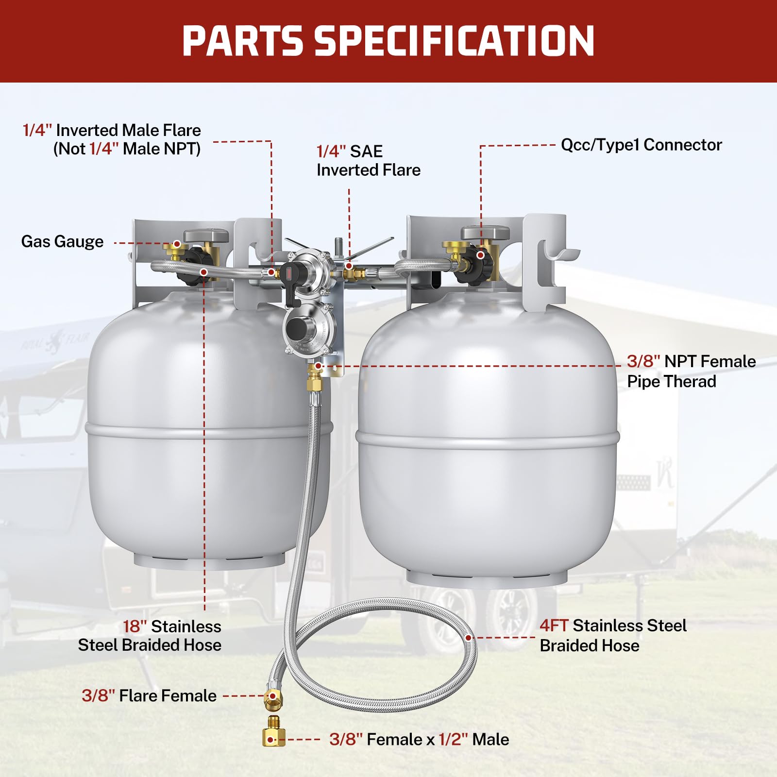 GasXpert 18 inch gauged pigtail hose close-up highlighting easy gas level checks
