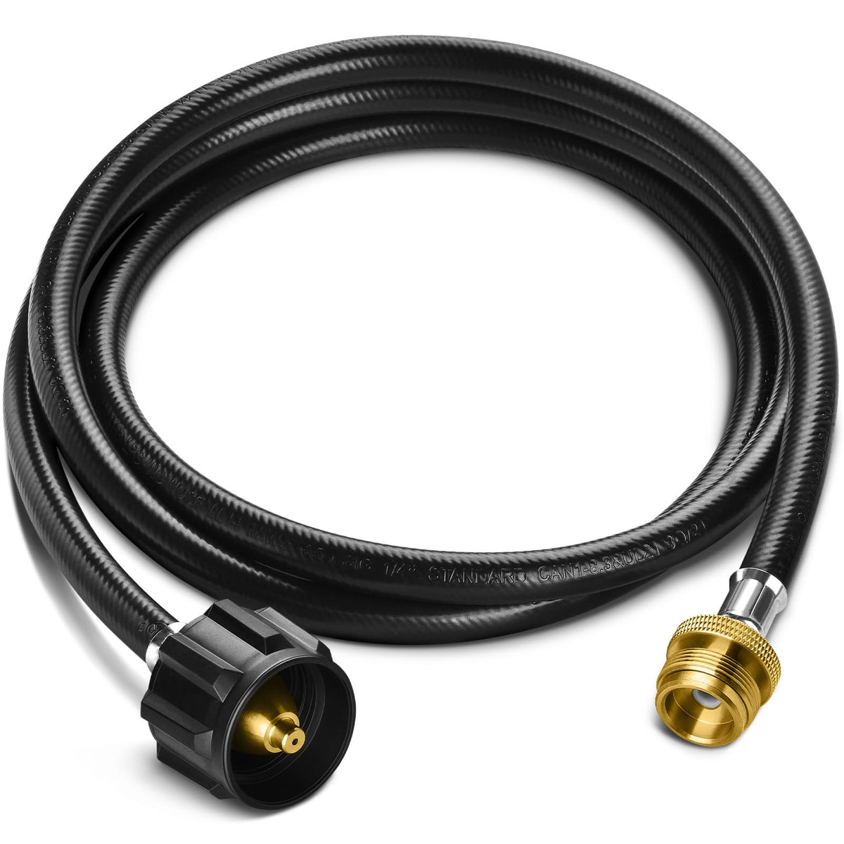 GasXpert 6ft propane hose adapter with durable brass ends for flexible grilling.