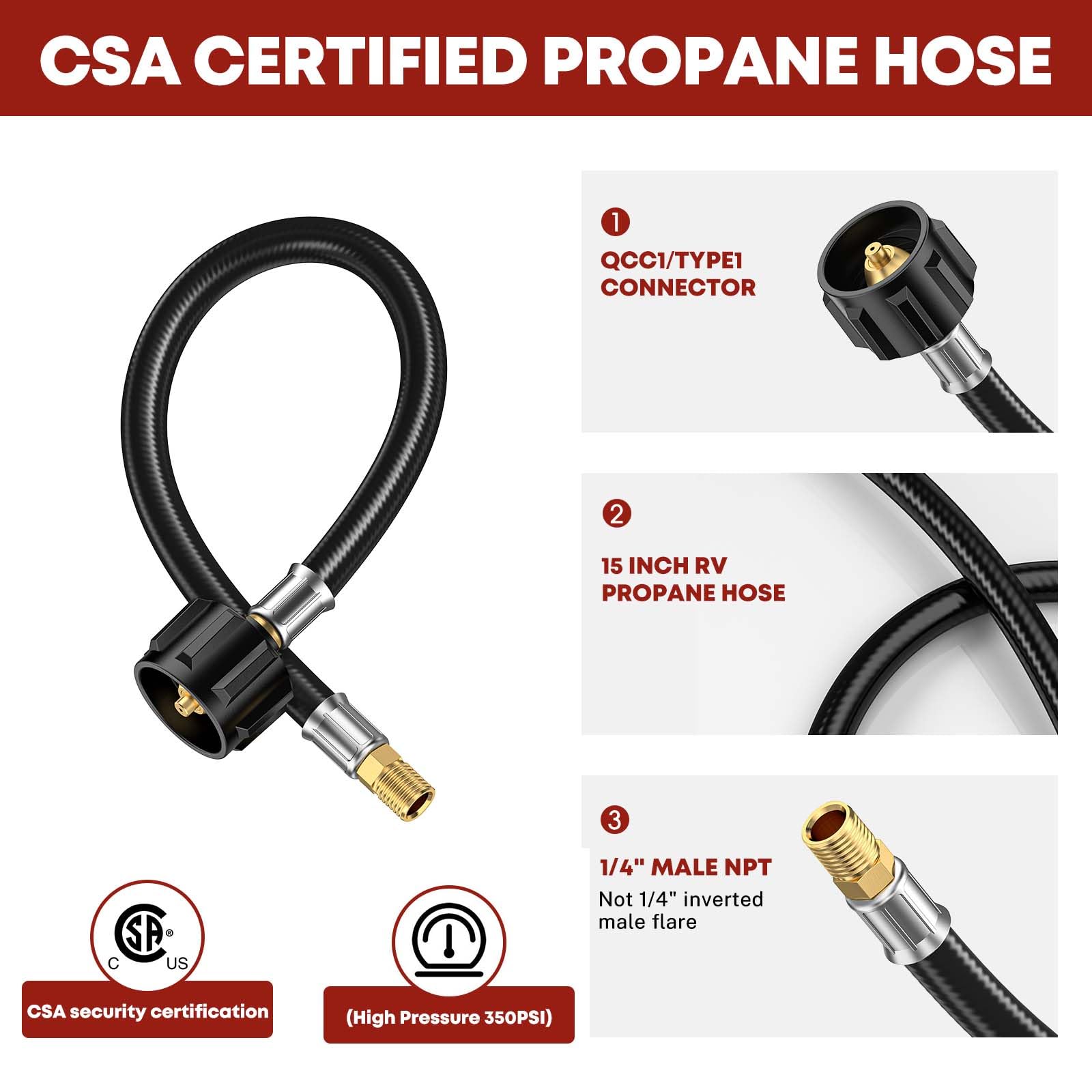 Brass fittings provide sturdy, corrosion-resistant connections for RV propane hose