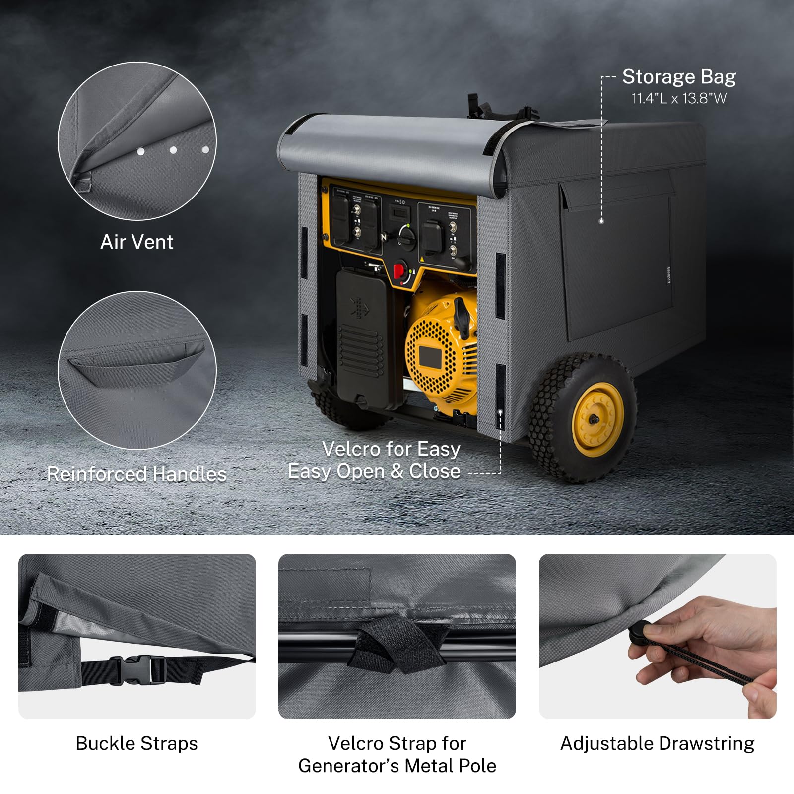 GasXpert drawstring hem maintains a snug fit around the generator