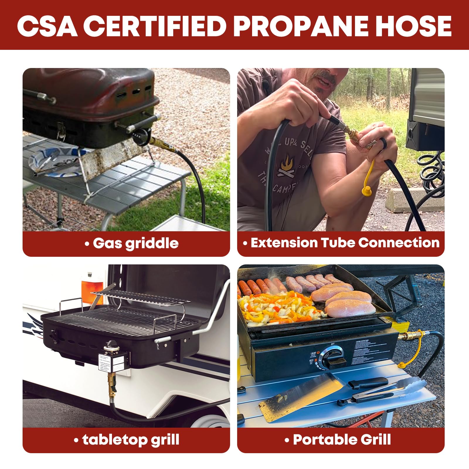 GasXpert outdoor camping use propane hose linking RV to heaters and grills.