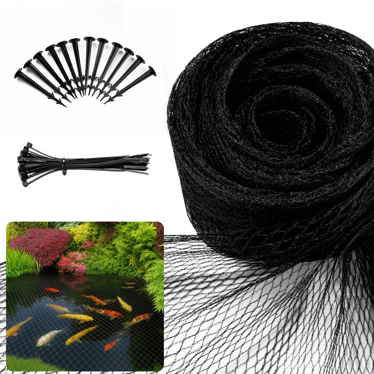 GasXpert pond netting overview: durable cover protecting koi from predators and leaves.