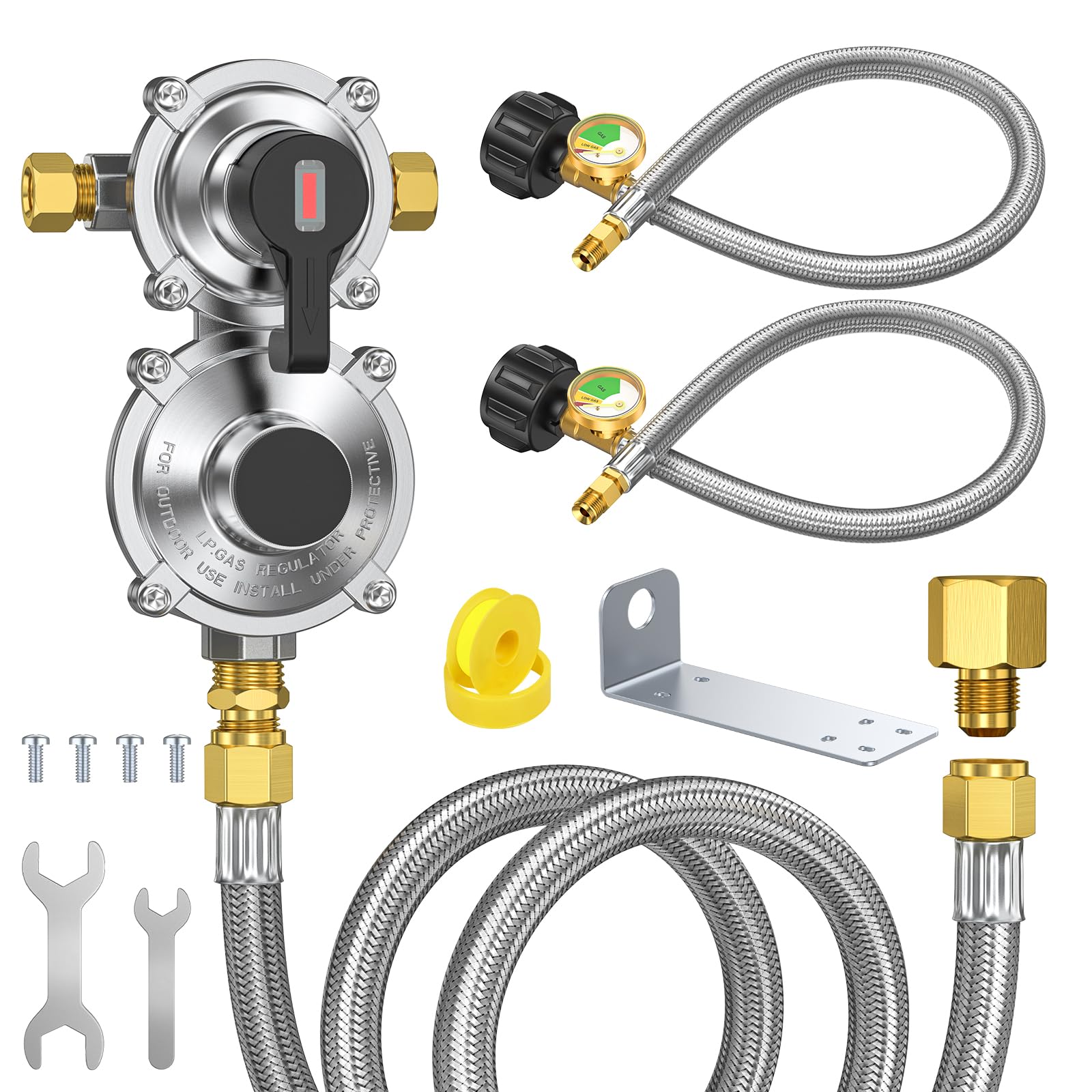 GasXpert RV 2-Stage Regulator front view showing dual-tank setup for reliable RV gas supply