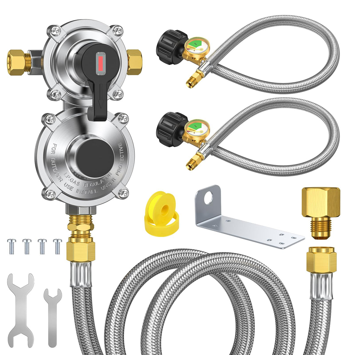 GasXpert RV 2-Stage Regulator front view showing dual-tank setup for reliable RV gas supply