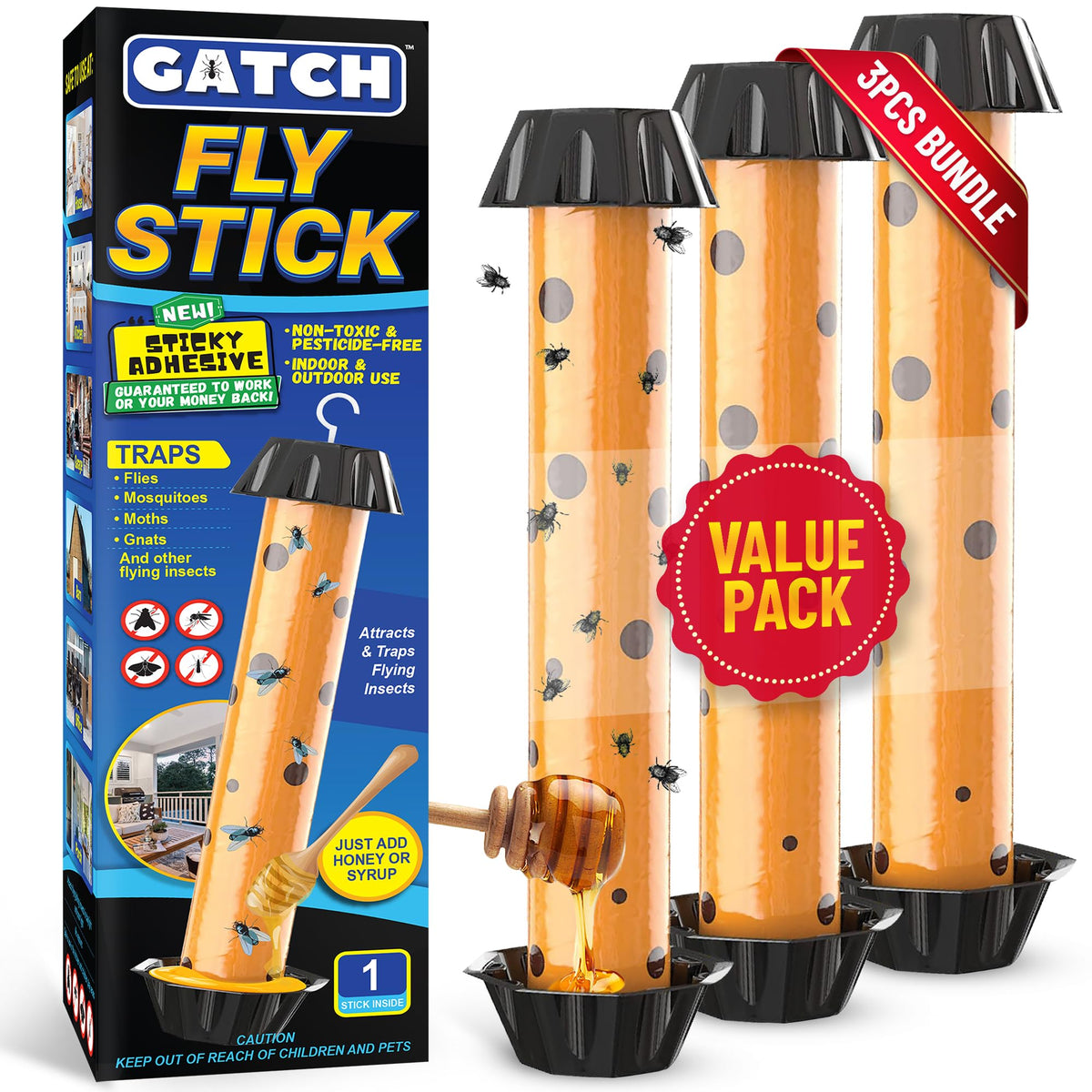 GATCH Fruit Fly Trap front view; three-pack ready for indoor and outdoor use.