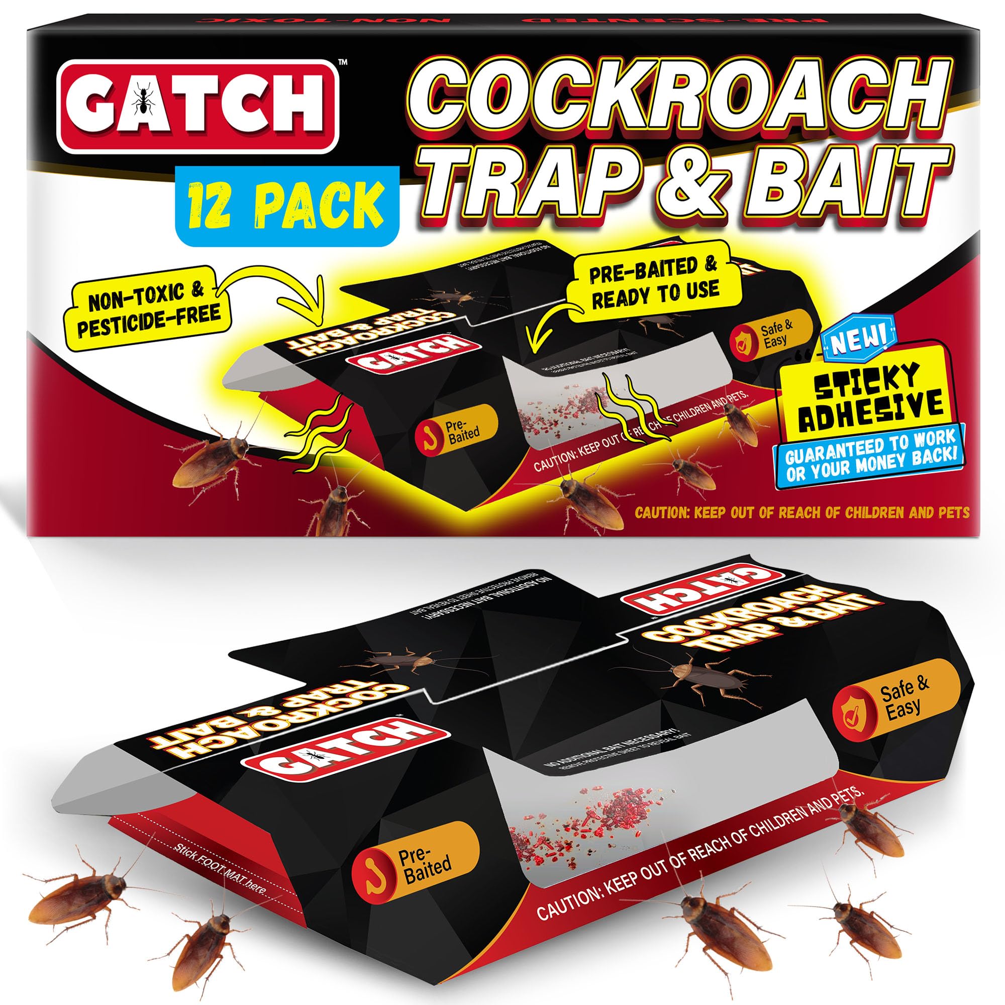 GATCH Roach Traps Indoor 12-pack shown with strong sticky glue for chemical-free pest control.