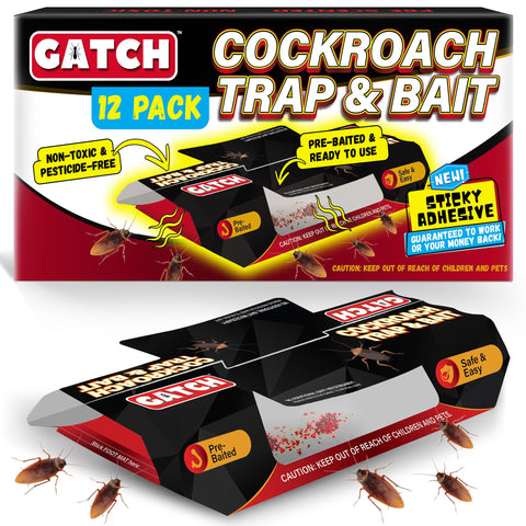 GATCH Roach Traps Indoor 12-pack shown with strong sticky glue for chemical-free pest control.