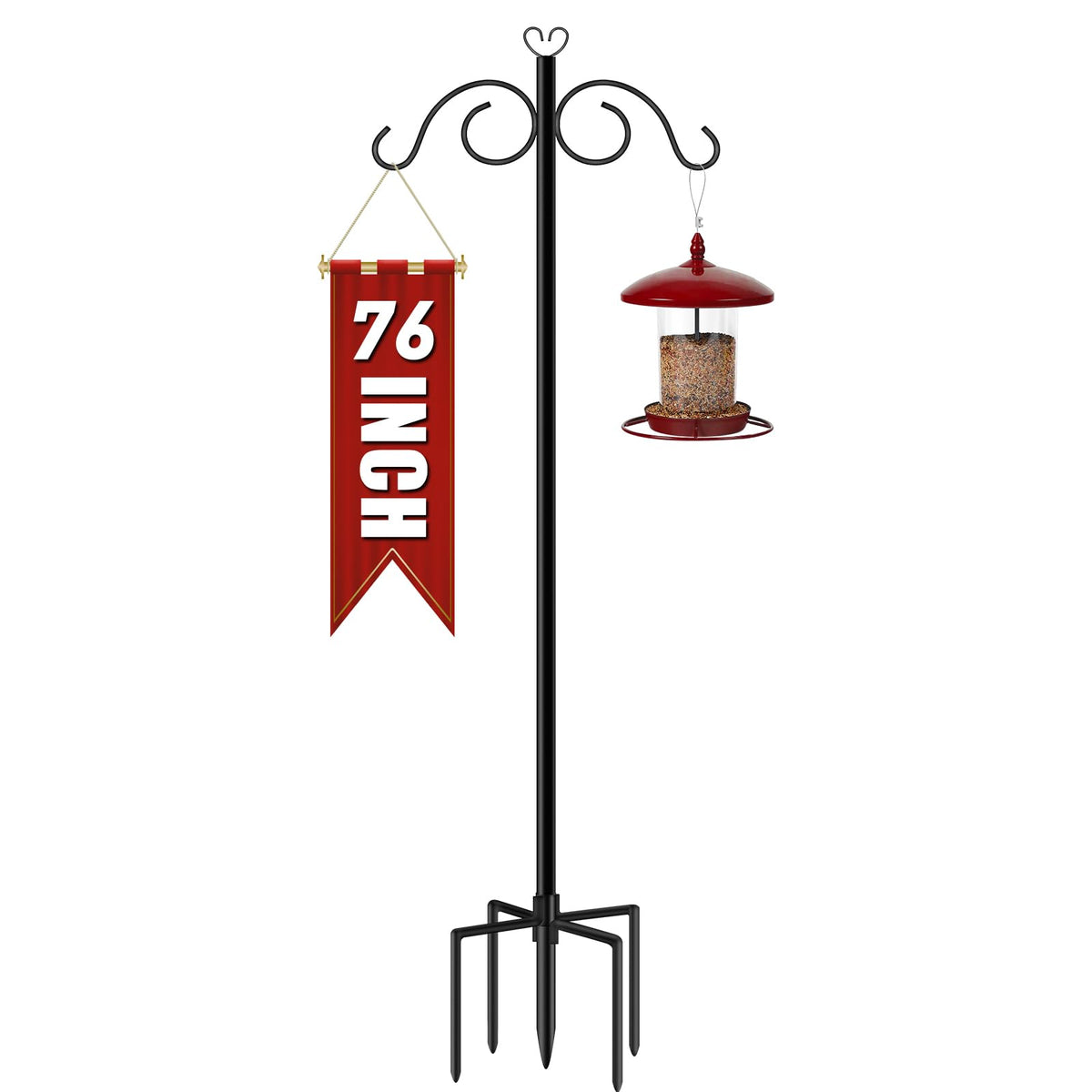 GATSUNS double shepherds hook with heavy-duty base showcases bird feeders and lanterns.