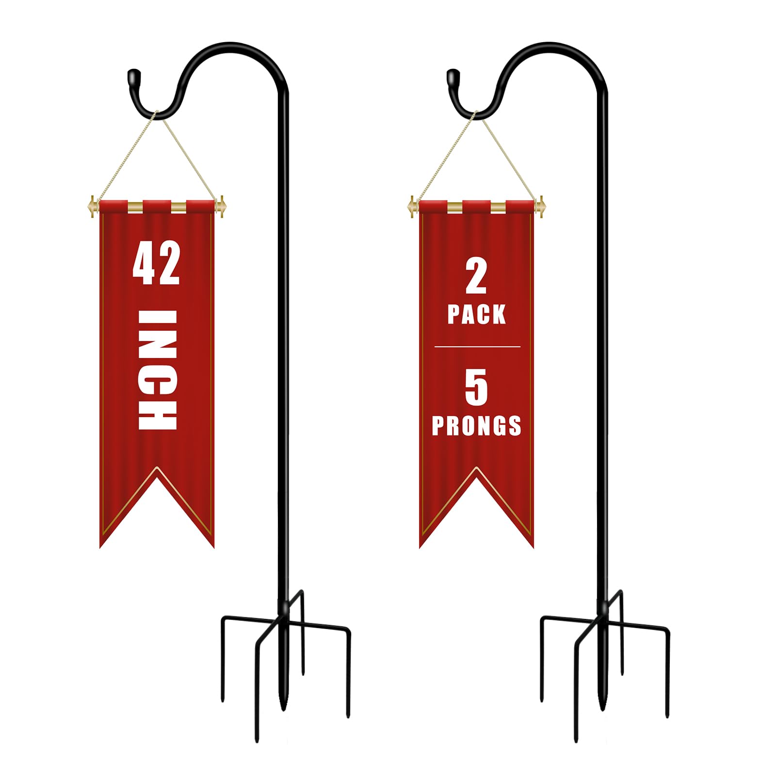 GATSUNS shepherds hook with 5-prong base offers stable ground support for outdoor decor.