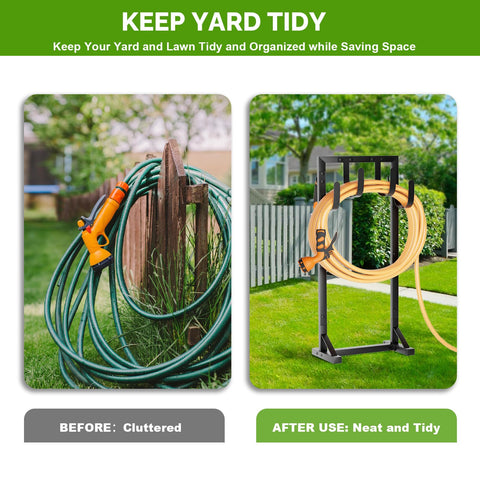 GAVISCITY outdoor metal stand supports 151 ft of hose for easy watering.