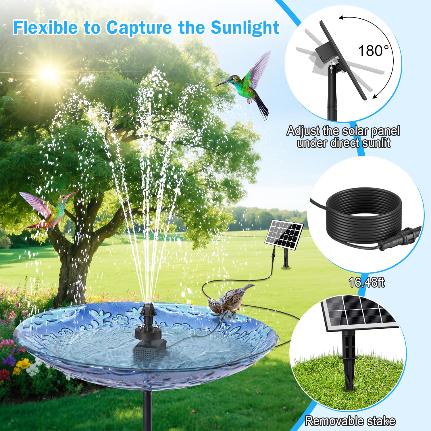GAIZERL battery backup provides night-time fountain operation with a 2000mAh capacity.