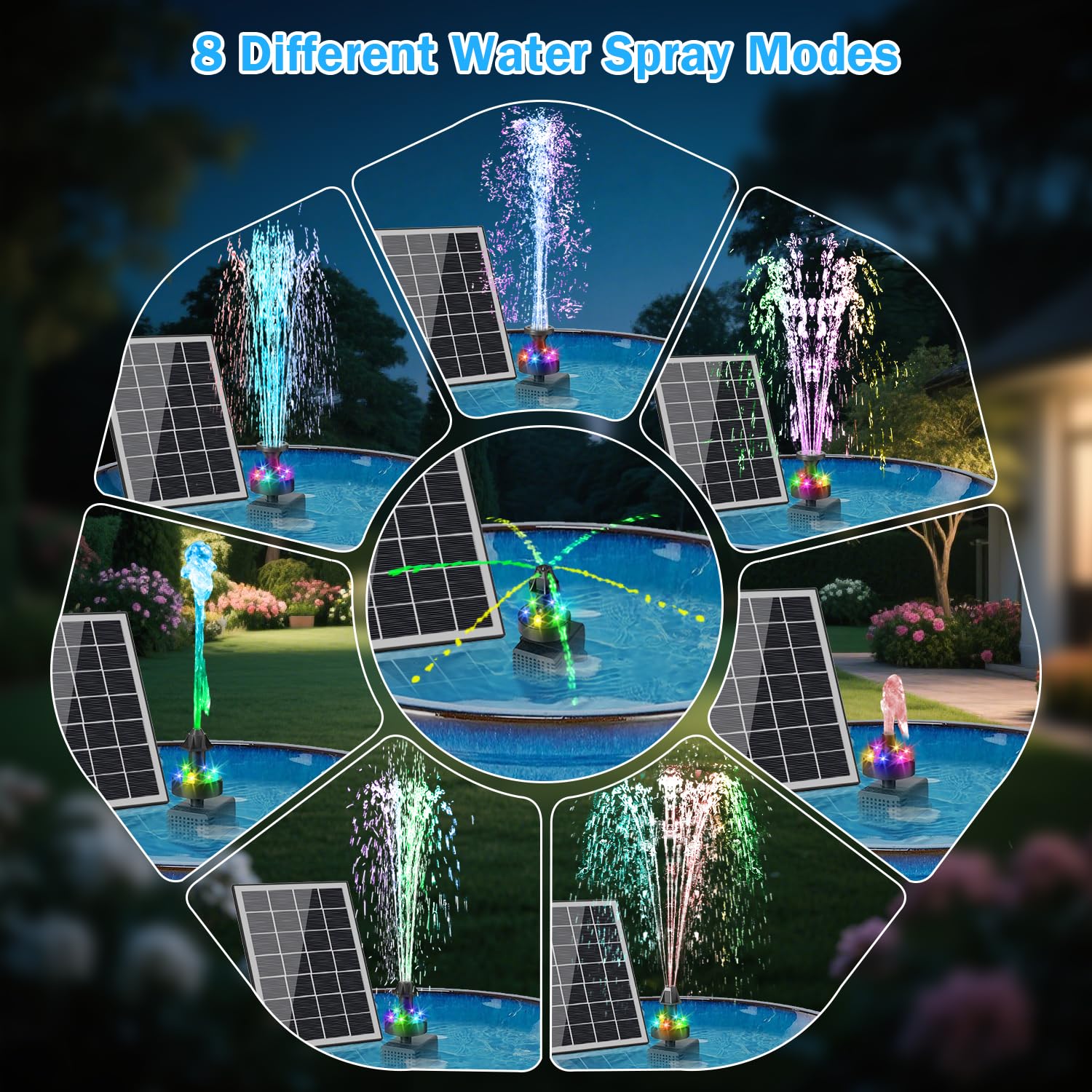 GAIZERL LED lights illuminate water spray at night, enhancing garden ambiance.