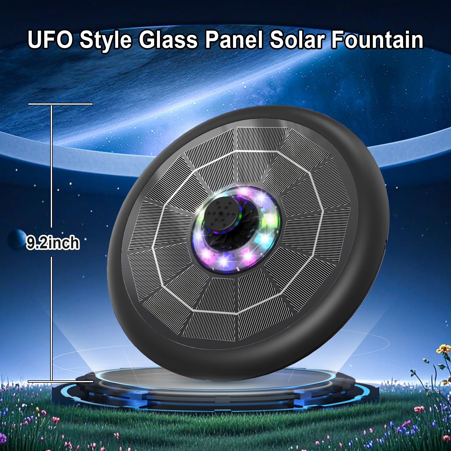 GAIZERL UFO fountain with LED lights for night-time ambience and water display.