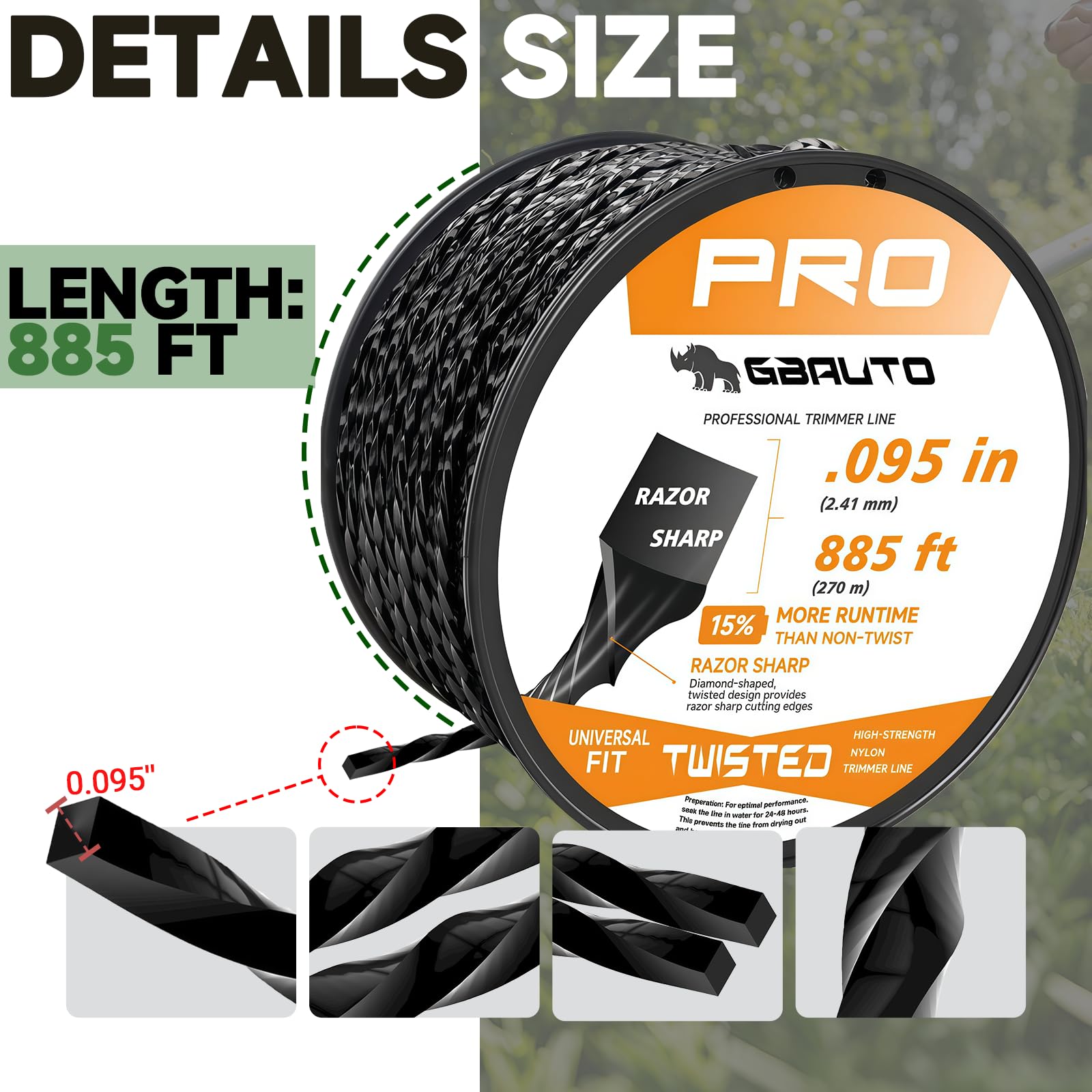 Cross-section shows inner-core strength with square twist for durability.