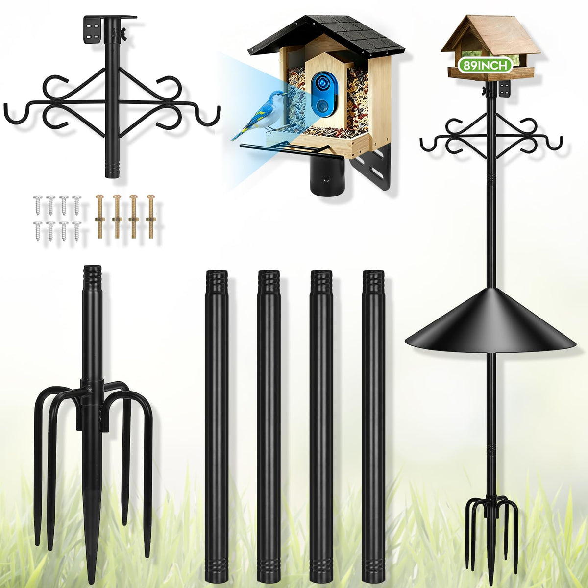 Gbekery 89-inch double-hooks bird feeder pole with sturdy base for outdoor use.