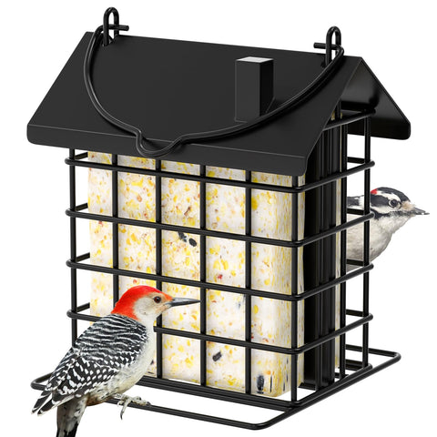 Gbekery all-metal double suet feeder outdoors showing durable cage design and year-round use