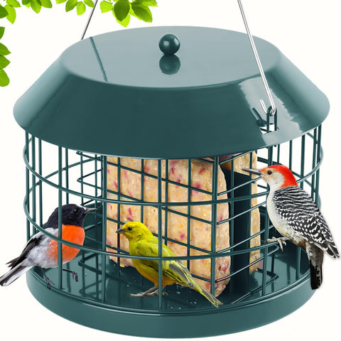 Gbekery caged suet bird feeder outdoors in green attracts small birds while keeping larger visitors away