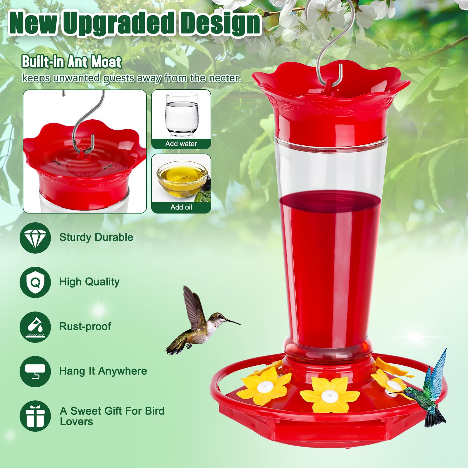 Gbekery glass hummingbird feeder circular flower ports support balanced feeding.