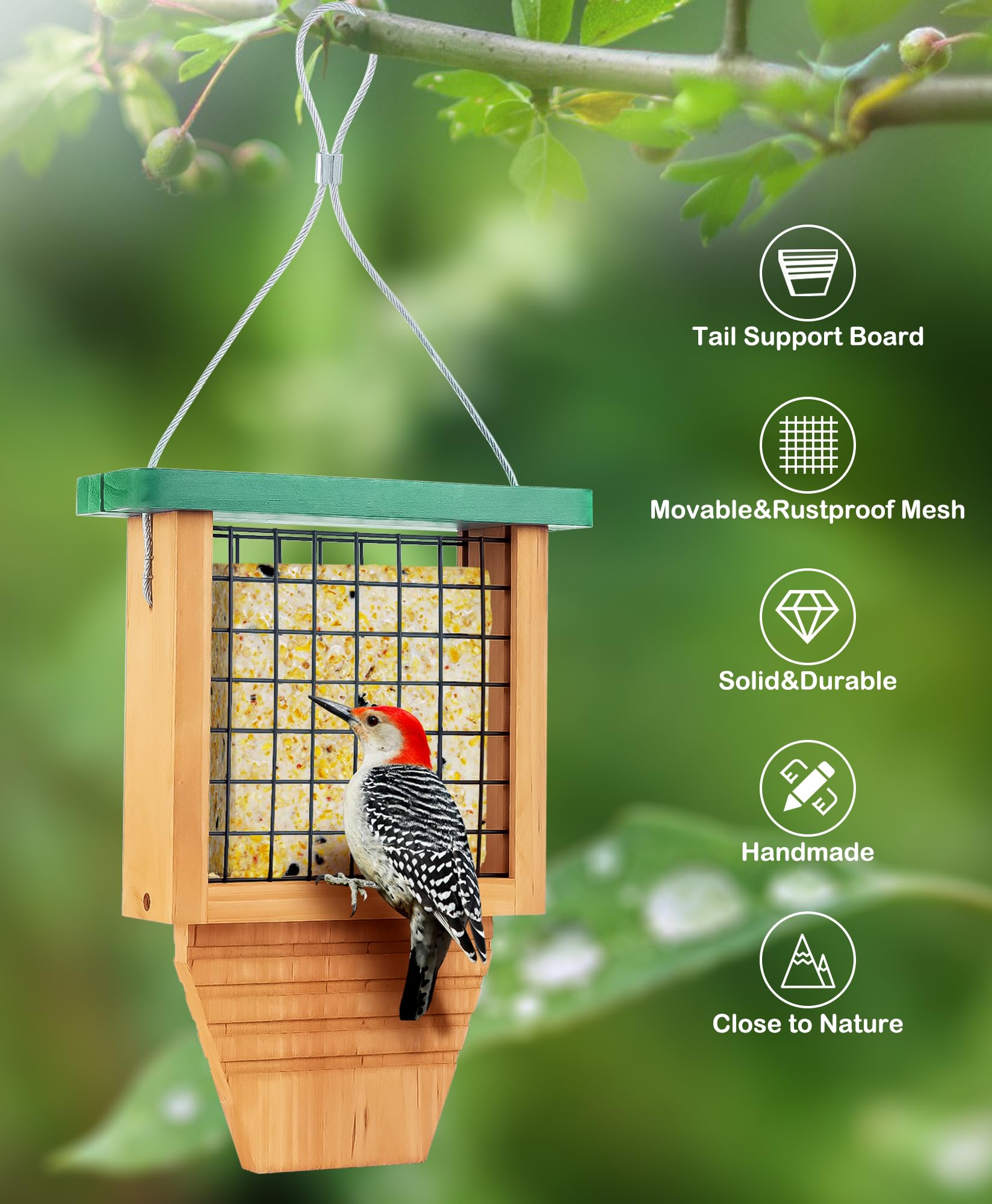 Gbekery hanging feeder pairs with shepherd hook or tree branch for versatile placement.
