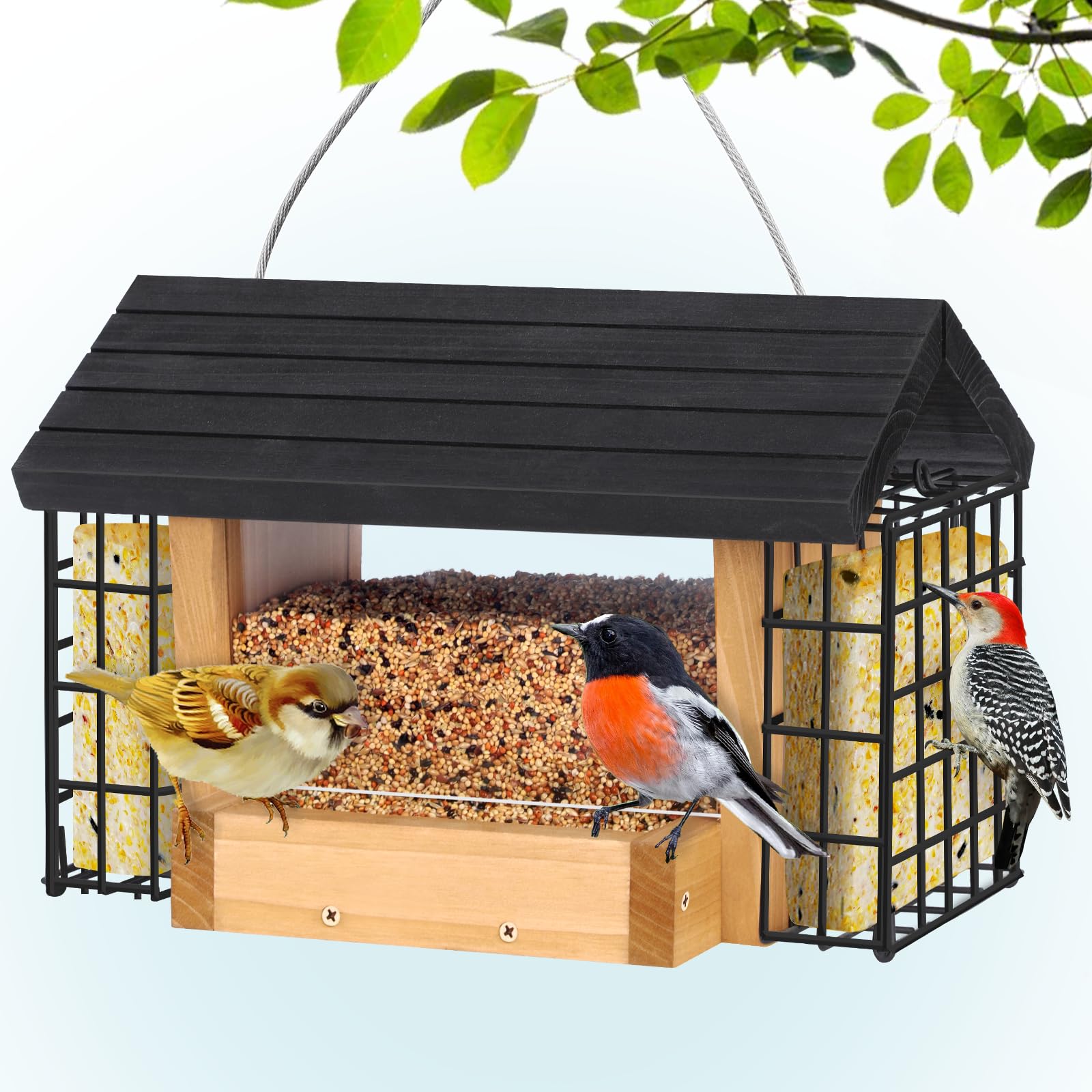 Gbekery Hopper Bird Feeder front view highlights cedar craft and inviting feeding area for birds