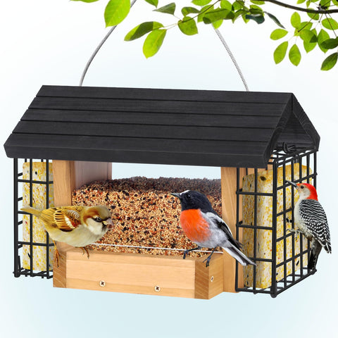 Gbekery Hopper Bird Feeder front view highlights cedar craft and inviting feeding area for birds