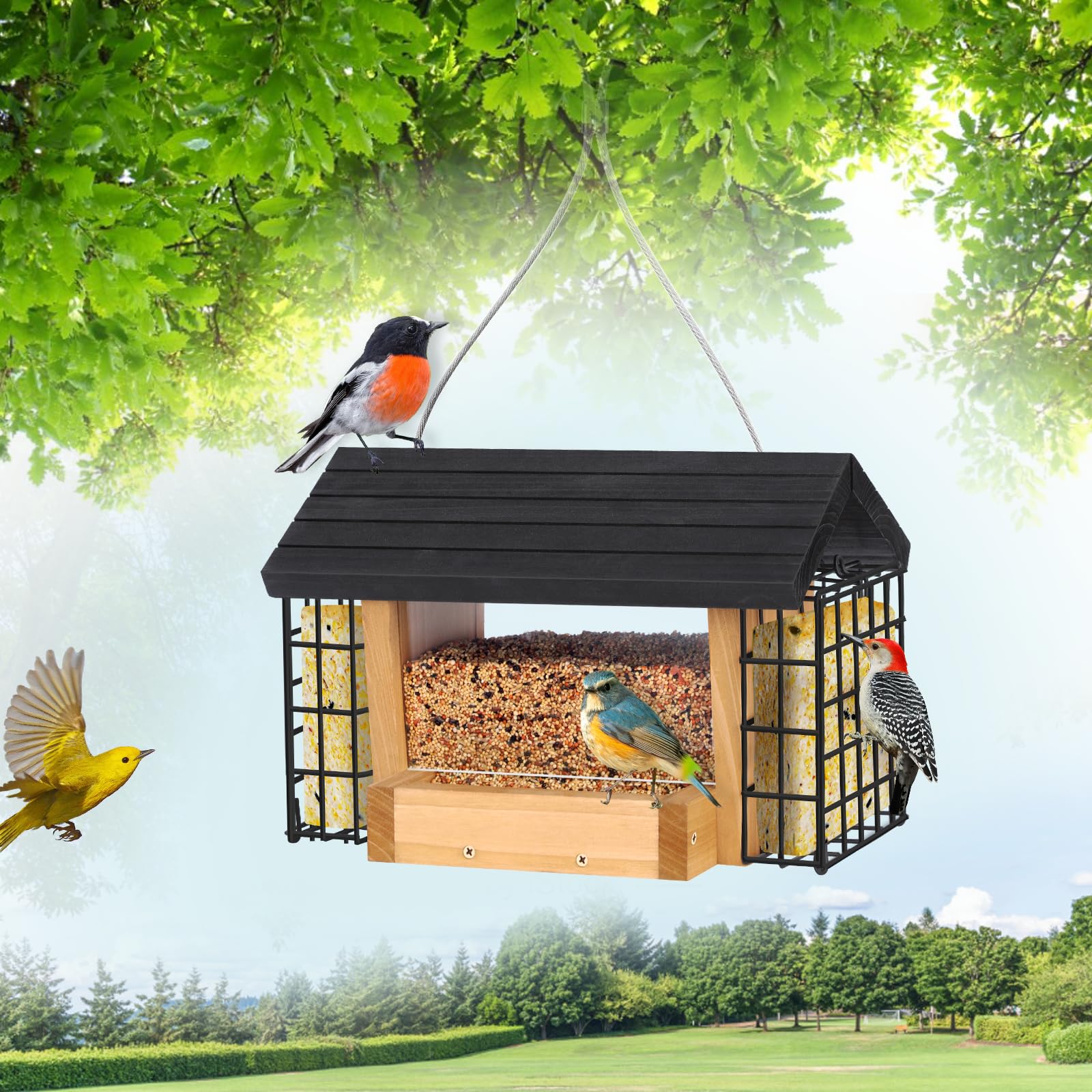 Gbekery Hopper Bird Feeder durable cedar withstands outdoor seasons