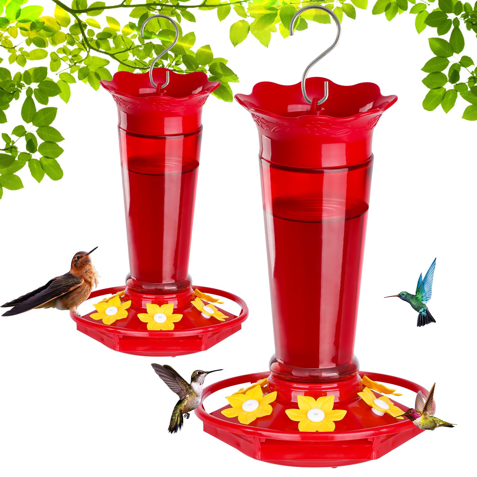 Gbekery red 2-pack hummingbird feeders ready for outdoor use with preview of nectar chambers