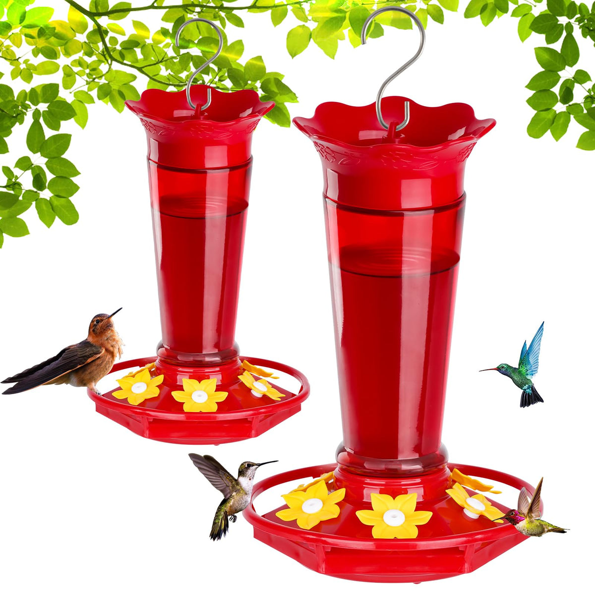 Gbekery red 2-pack hummingbird feeders ready for outdoor use with preview of nectar chambers