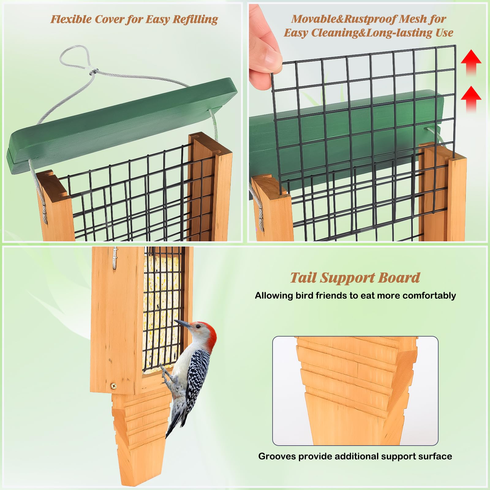 Gbekery feeder with movable cover and mesh for easy refills and cleaning.
