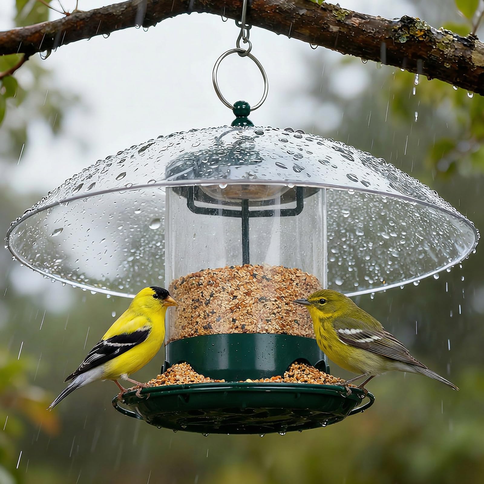 GBekery metal bird feeder with 12-inch dome keeps seeds dry and protected from rain