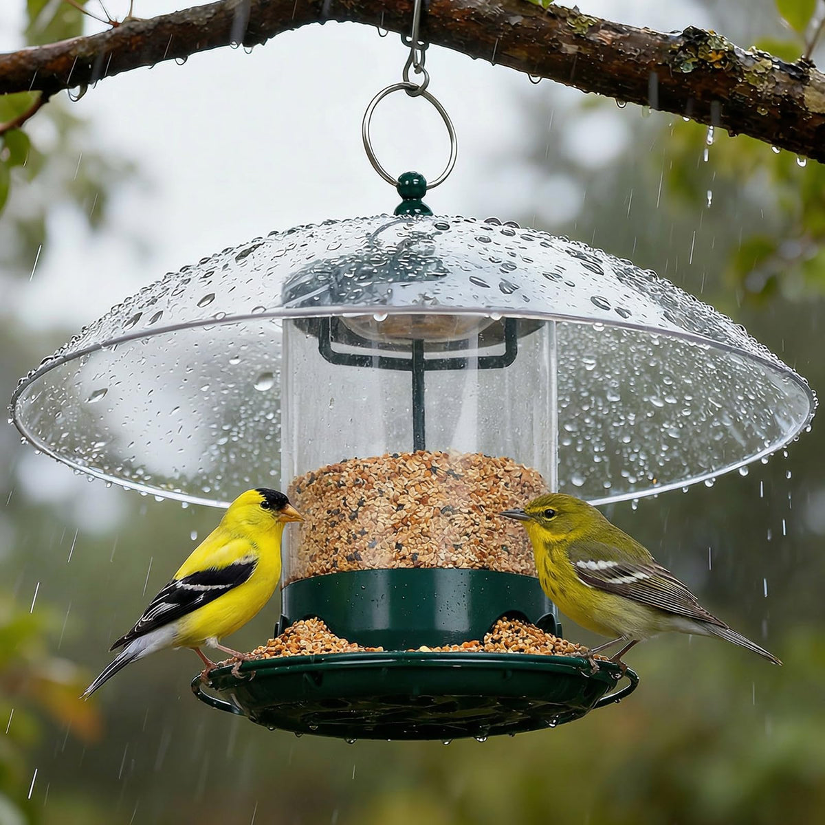 GBekery metal bird feeder with 12-inch dome keeps seeds dry and protected from rain