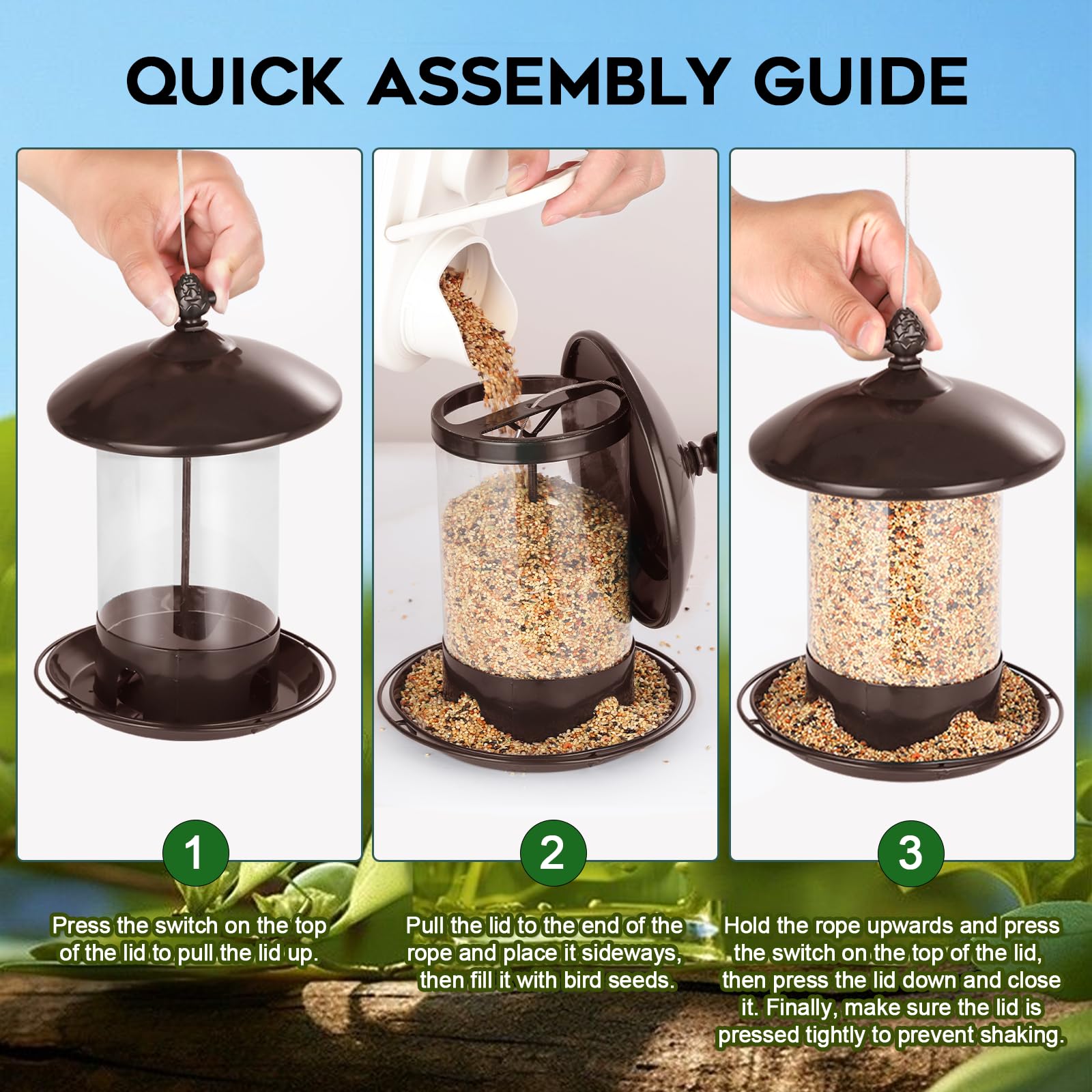 Gbekery metal bird feeder 2 lb seed capacity supports extended outdoor feeding.