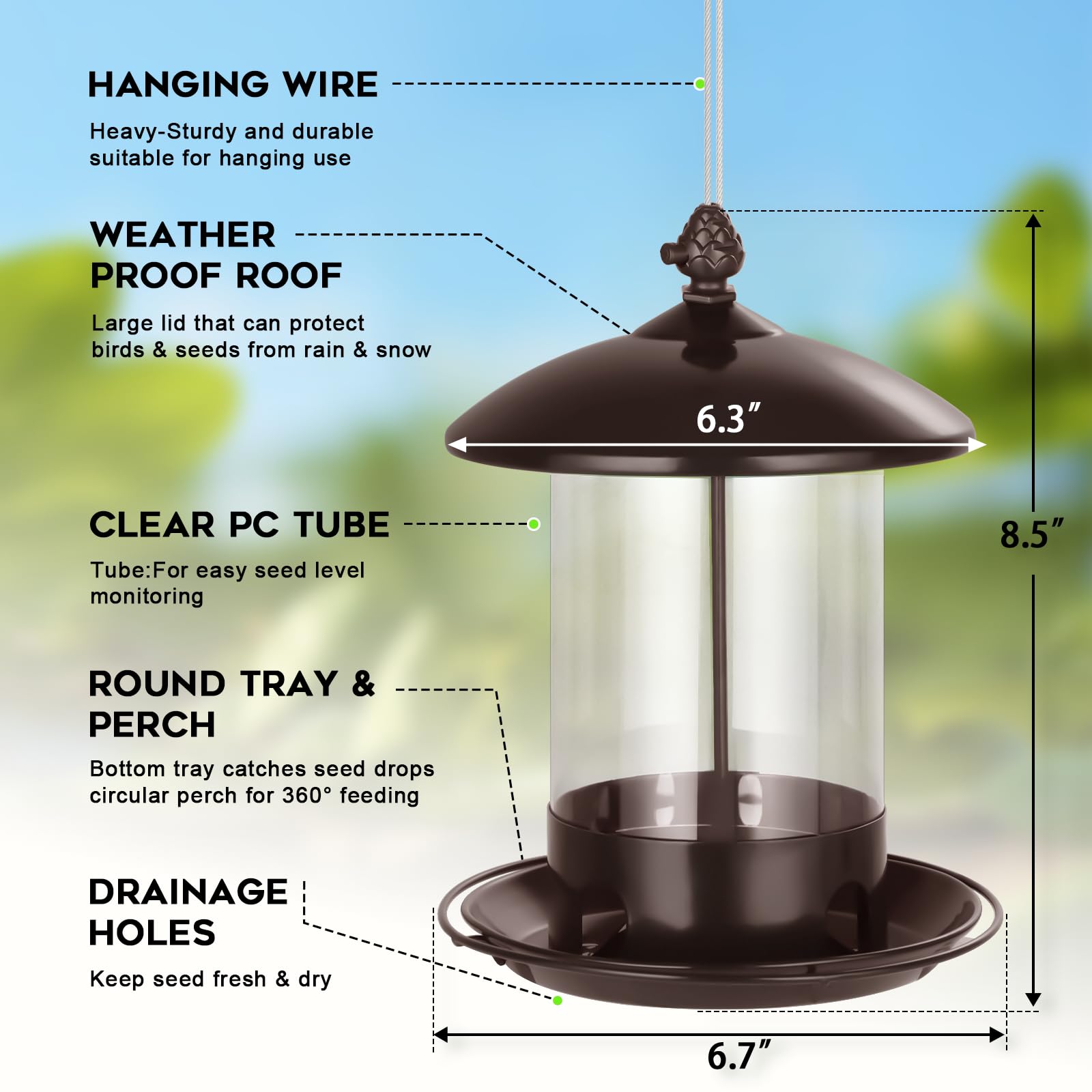 Gbekery metal bird feeder 360-degree feeding tray supports multiple birds in your garden.