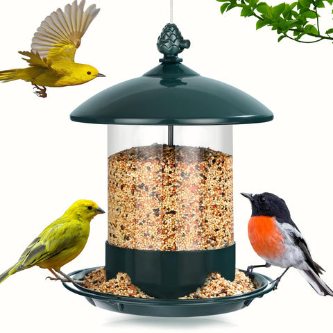 Gbekery metal bird feeder outdoors with durable lid and tray for seed holding
