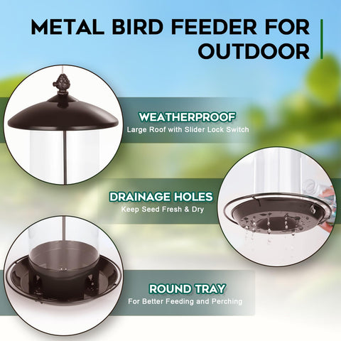 Gbekery metal bird feeder weatherproof roof protects seeds and birds from wind and rain.