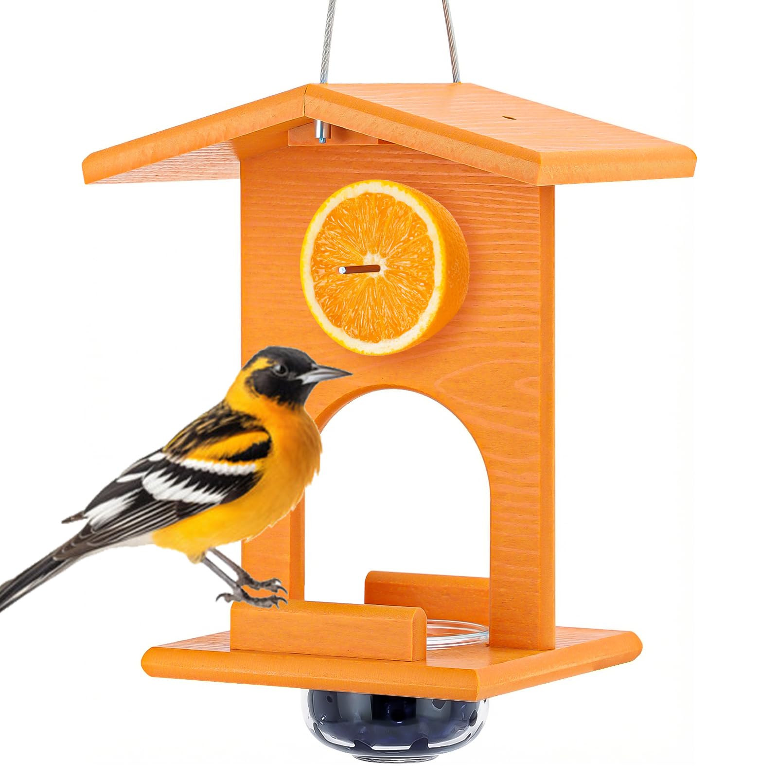 Gbekery Oriole Feeder outdoors hanging shows durable recycled plastic for year-round use.