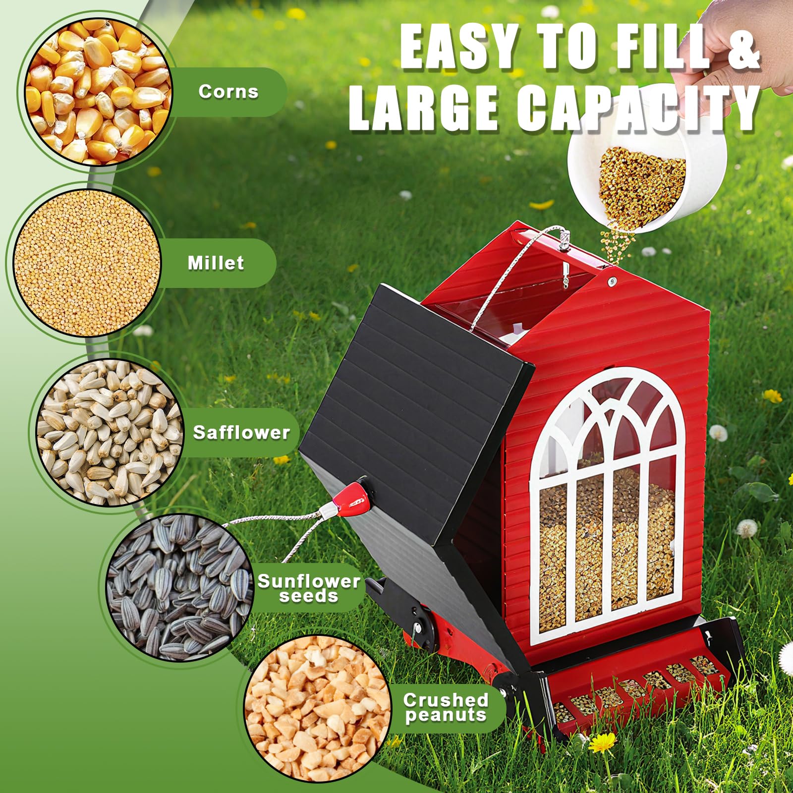 Gbekery 5-pound capacity keeps seeds available for cardinals, blue jays, and finches