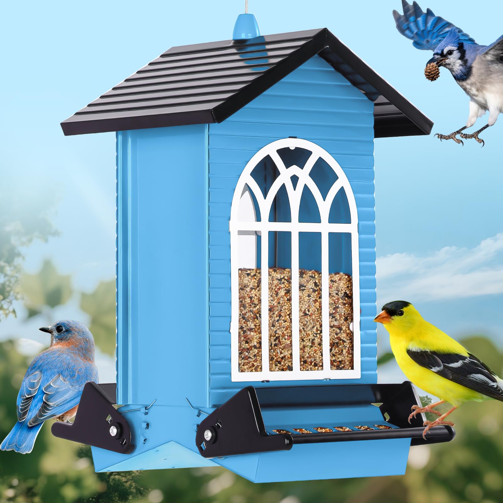 Gbekery Squirrel-Proof Feeder blue lid close-up showing secure closure for worry-free feeding