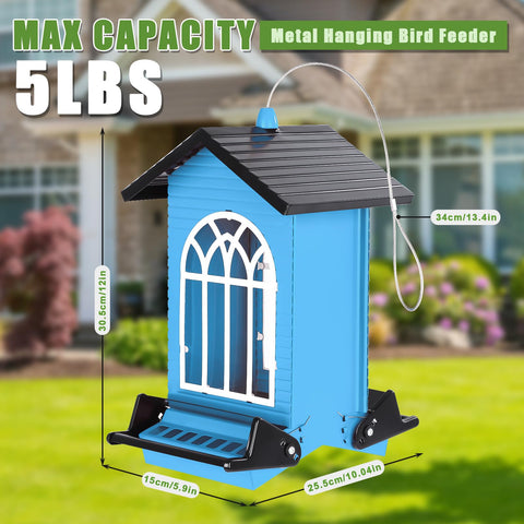 Gbekery Squirrel-Proof Feeder blue metal body in garden setting attracts diverse backyard birds