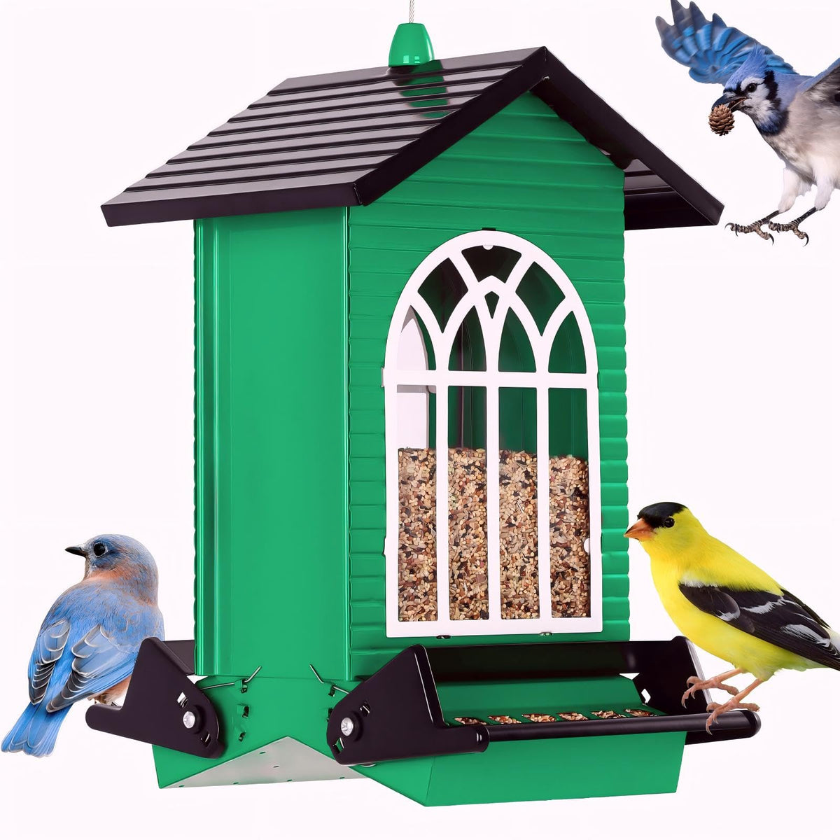 Gbekery Squirrel-Proof Feeder exterior, durable green metal finish ideal for year-round garden display