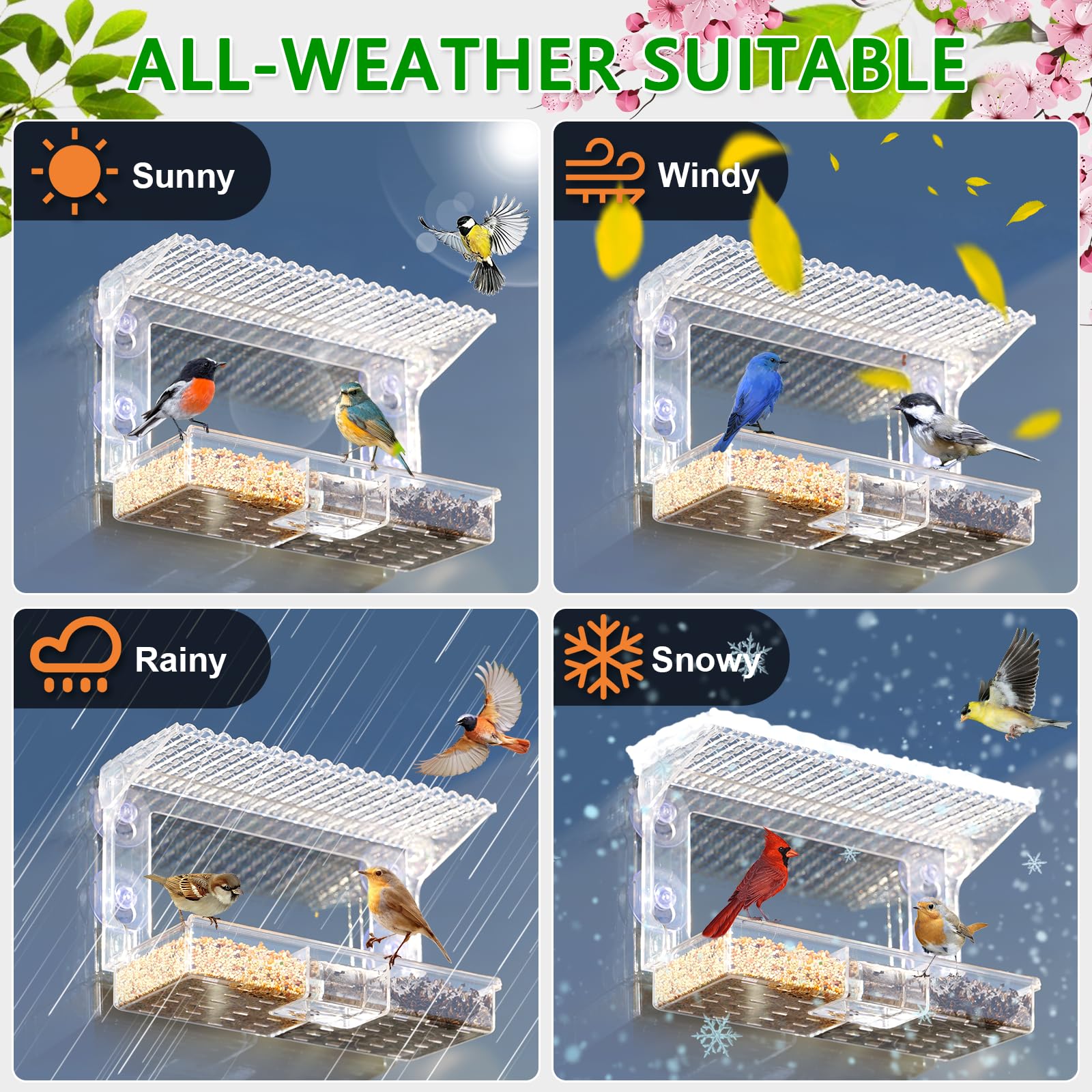 Gbekery window bird feeder has drainage holes to keep seed dry and mold-free