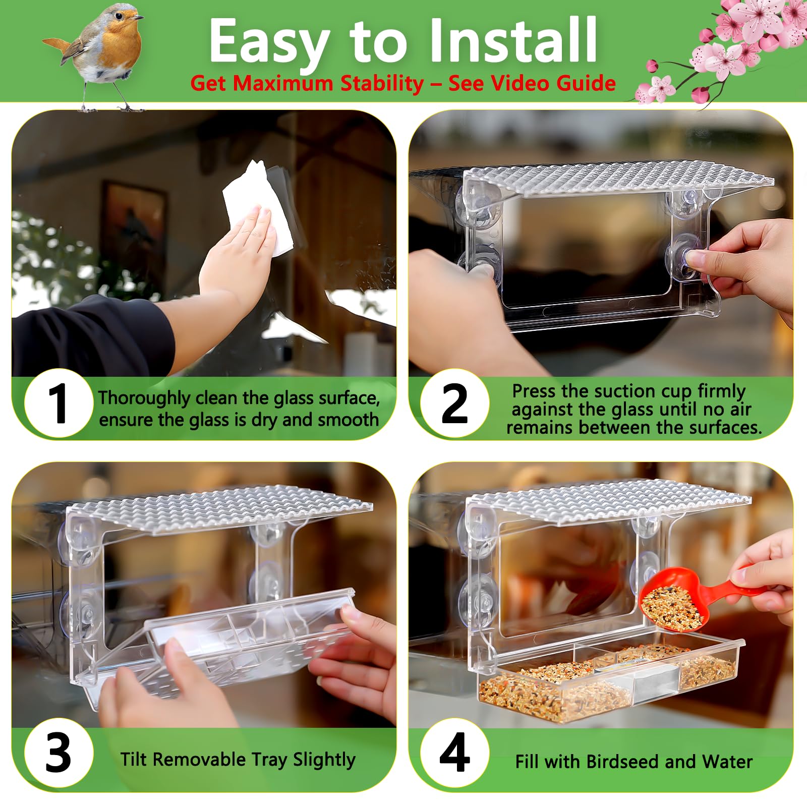 Gbekery window bird feeder tray folds for compact storage when not in use