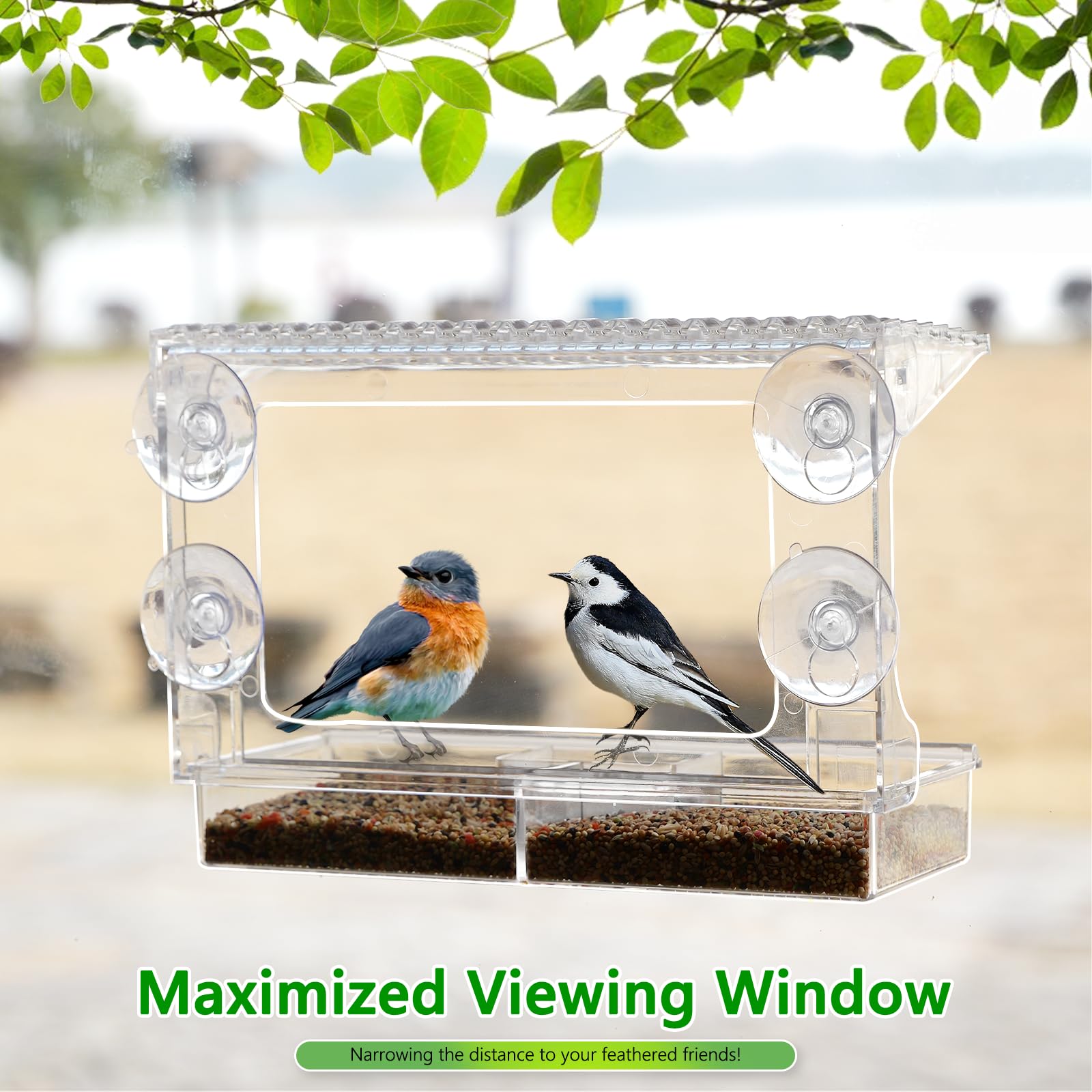 Gbekery window bird feeder removable tray for easy refilling and cleaning