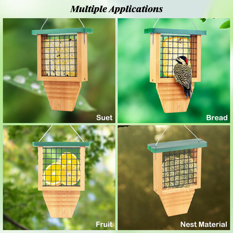 Gbekery multi-use feeder supports suet, seeds, mealworms, fruit, or nesting material.