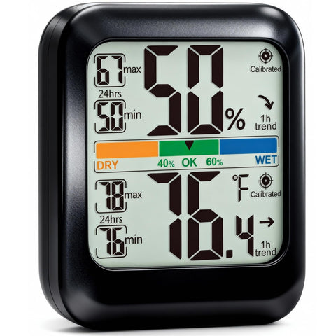 G.CATACC digital hygrometer display with real-time temperature and humidity readings.