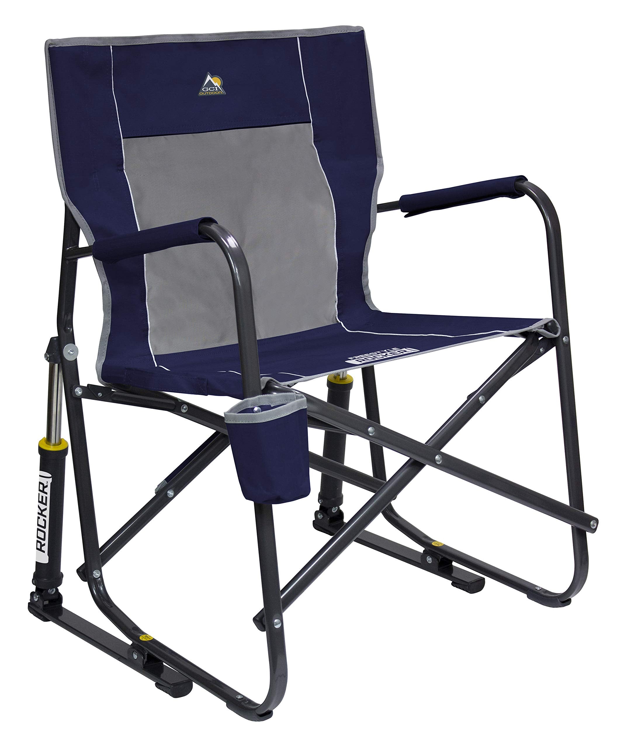GCI Freestyle Rocker Indigo Blue folded chair for portable transport.