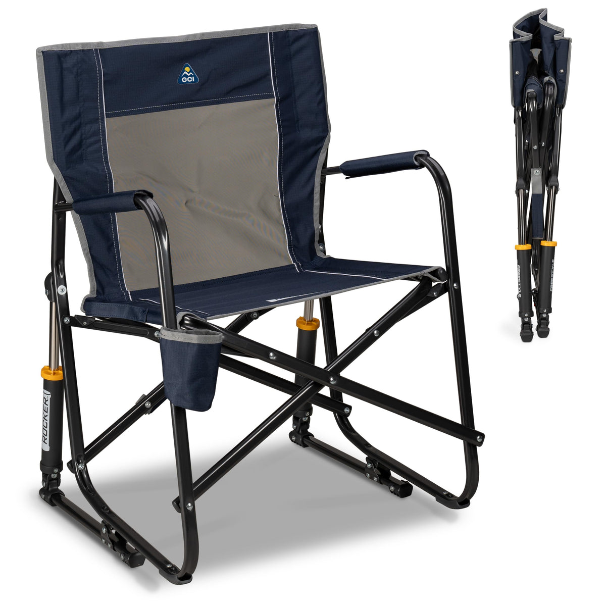 GCI Freestyle Rocker Indigo Blue opened frame for comfortable outdoor seating.