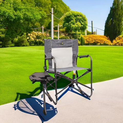 GCI Outdoor Freestyle Rocker side table in use outdoors for snacks