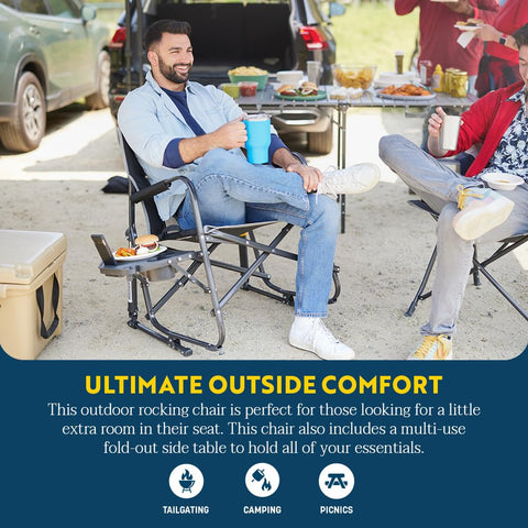 GCI Outdoor Freestyle Rocker XL beverage holder keeps drinks within reach.