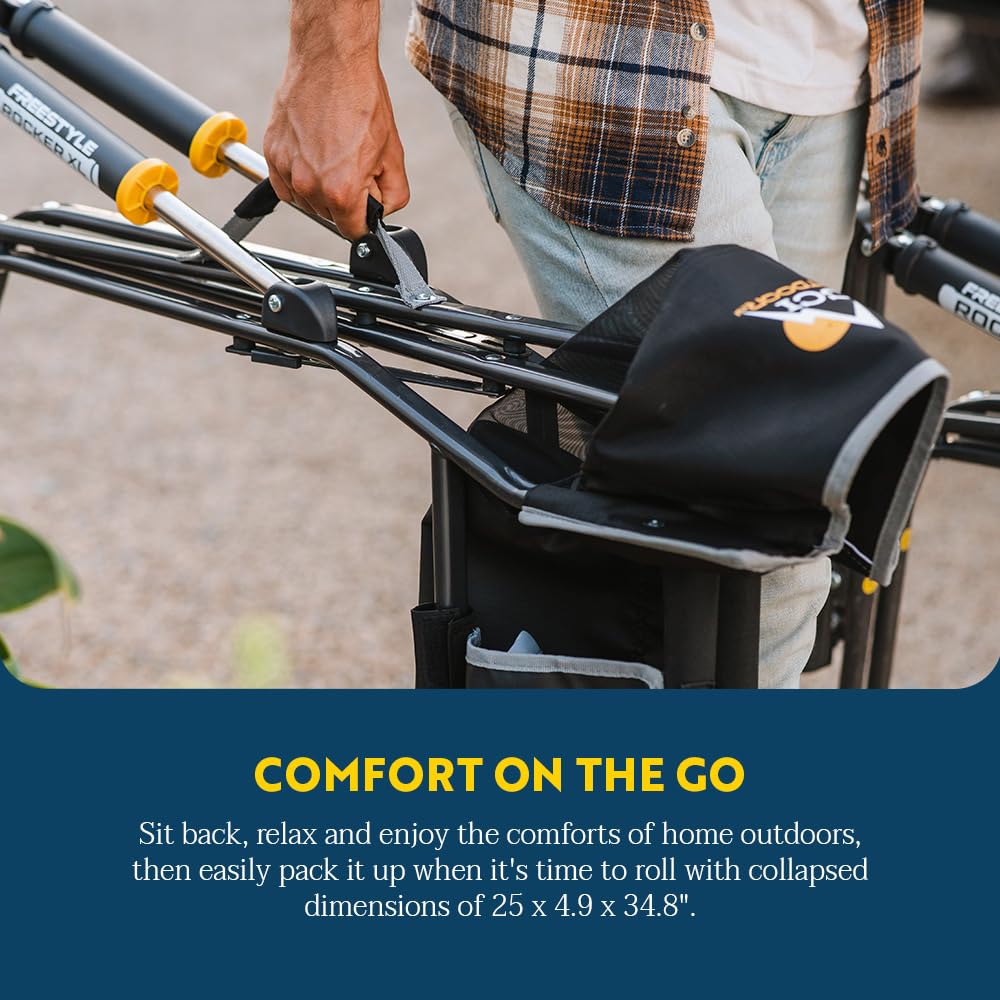 Rocker frame stabilizes on uneven ground for relaxed campfire chats.